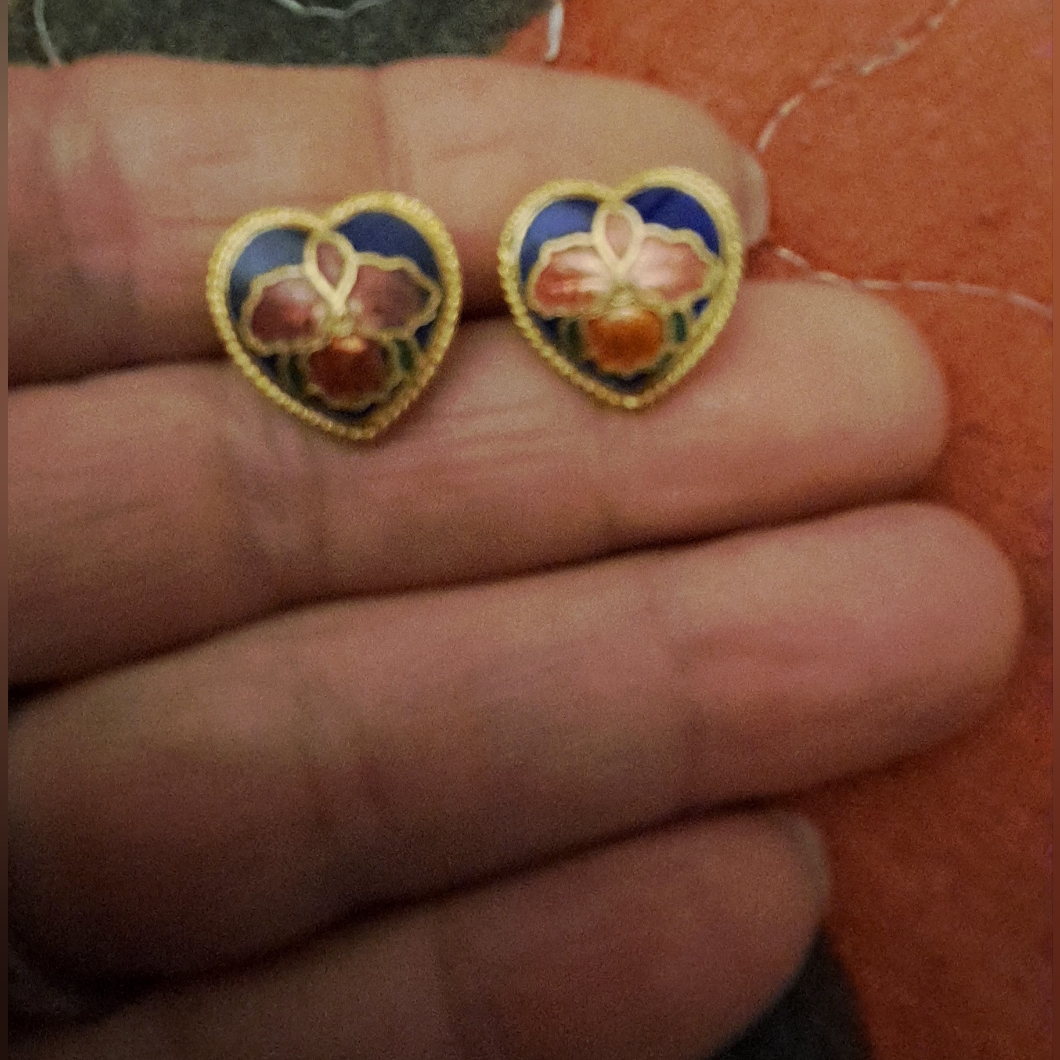 Heart-Shaped Gold And Blue Cloisonne Earrings